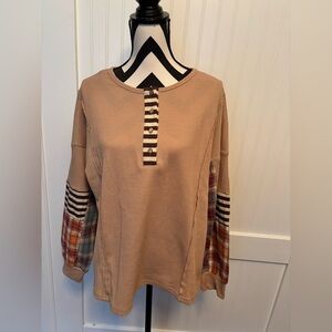 Beige Waffle Knit Henley Top with Plaid Sleeve Panels